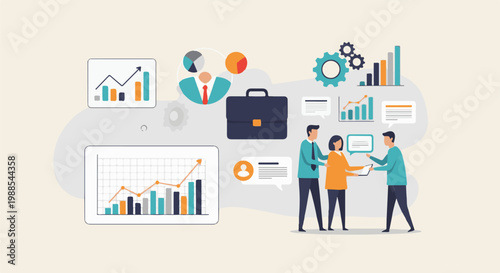 Business team collaborates on growth strategies, analyzing charts and discussing ideas