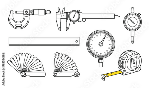 Industrial measurement instrument thin line icons set with calipers micrometers and pressure gauges