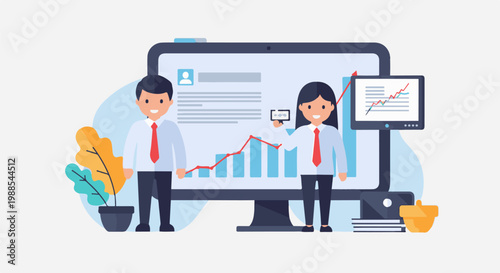 Diverse professionals analyze financial data and growth charts on a large screen