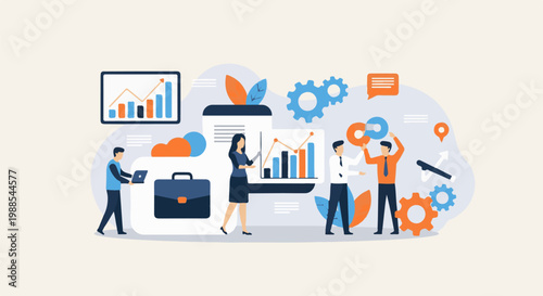 Diverse team collaborates on business growth, analyzing data, and optimizing processes with digital tools