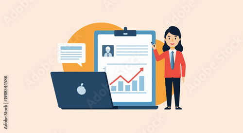 A woman in a suit stands by a clipboard with charts, beside a laptop