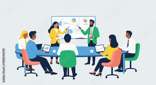 Diverse team in meeting room analyzing charts and data on a whiteboard and laptops