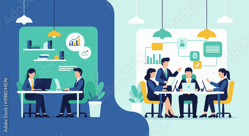 Colleagues collaborate at desks, using laptops and computers in modern office spaces