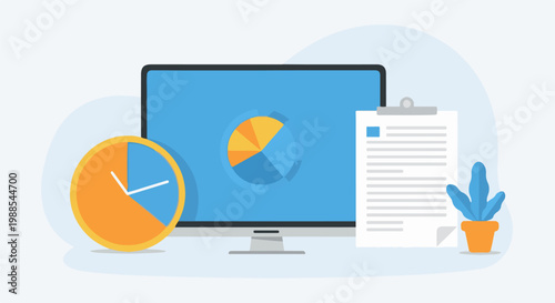 A flat design illustration featuring a computer with a pie chart, a clock, a clipboard with document, and a potted plant