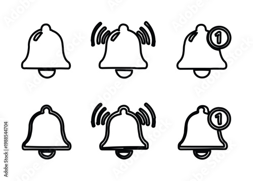 Set of 6 Outline Notification Bell Icons Vector
