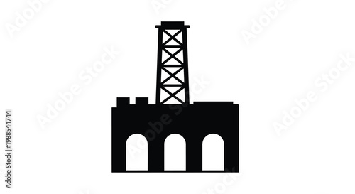 A stark black silhouette depicts an oil derrick structure above a building with arched doorways