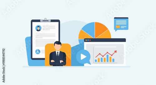 Business analytics visualization with charts, graphs, and professional profile