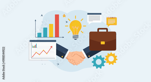 Business handshake with charts, idea bulb, briefcase, and gears