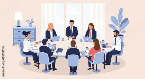 Diverse professionals gather around a conference table, engaged in a meeting with laptops and documents
