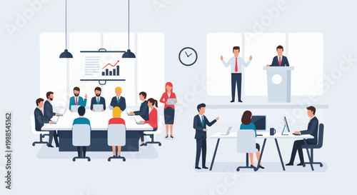 Business meeting with presentations and office work