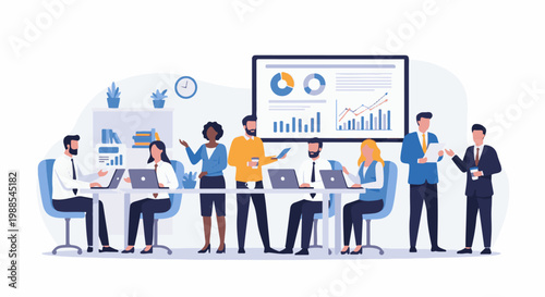 Professionals collaborate in a modern office setting, discussing data and graphs on a large screen