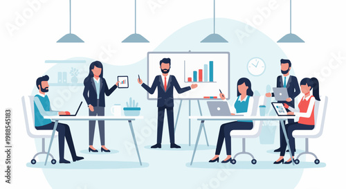 Diverse team collaborates in a modern office setting, presenting data and insights