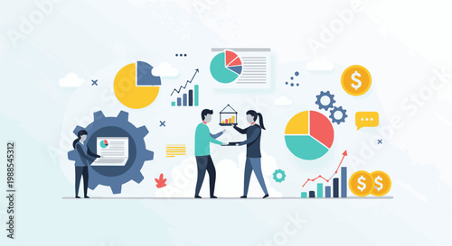 Business meeting with charts, gears, and coins symbolizing growth and collaboration