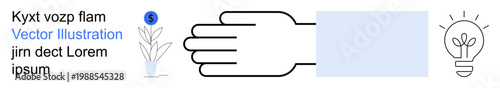 Business growth, innovation, green investments, sustainability, financial support, and creative solutions. A hand supports a plant with a dollar sign and lightbulb concept. Business growth