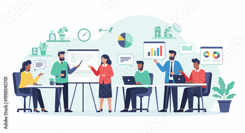 Diverse team collaborates in a meeting, presenting data and ideas