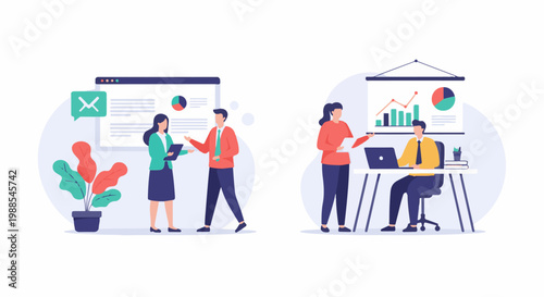 Business professionals collaborate on projects, analyzing charts and data