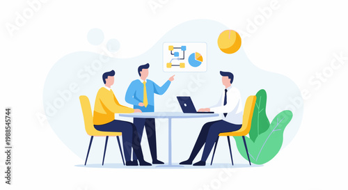 Three men in business attire collaborate around a table with a laptop and chart