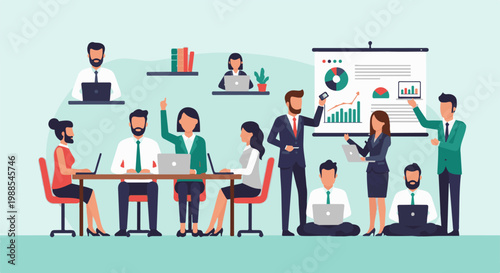 Diverse professionals collaborate in a modern office setting, presenting business data