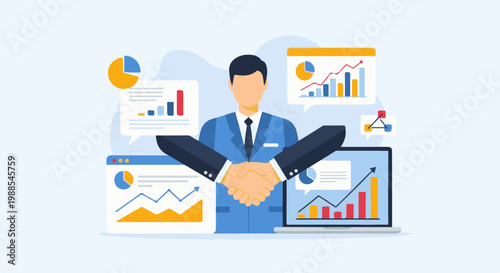 Two business people shaking hands surrounded by financial charts and graphs on screens