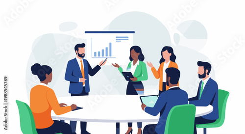 Diverse professionals in a modern meeting room discuss a project using digital tablets and a whiteboard presentation