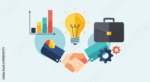 A business concept with a handshake, idea bulb, charts, briefcase, and gears