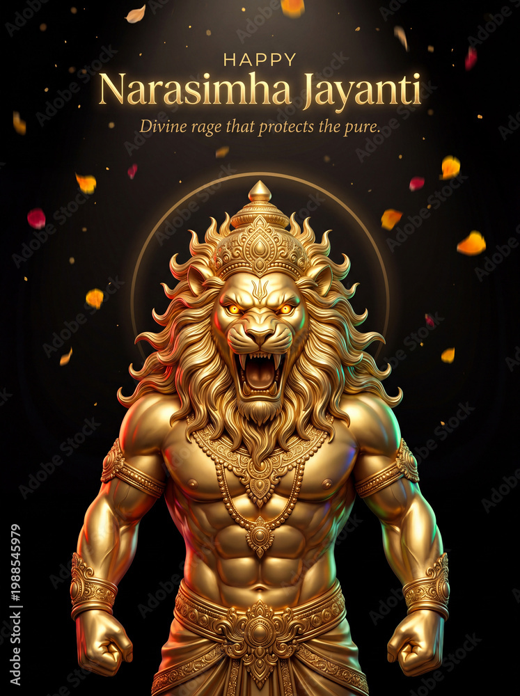 Fototapeta premium Golden Narasimha Avatar roaring with fierce expression adorned with intricate jewelry against a dark background with falling petals