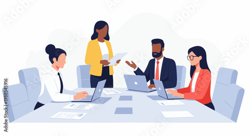 Diverse professionals collaborate around a table, engaged in discussion and work