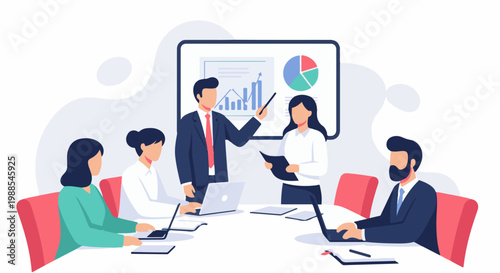 Diverse professionals in a modern meeting room, presenting data on a screen