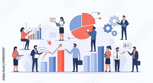 Diverse business professionals collaborating and analyzing data with charts, graphs, and gears