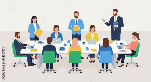 Diverse group of professionals in a modern office meeting, discussing ideas around a table with laptops