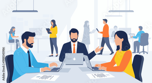 Diverse professionals collaborate in a modern office space, using laptops and tablets