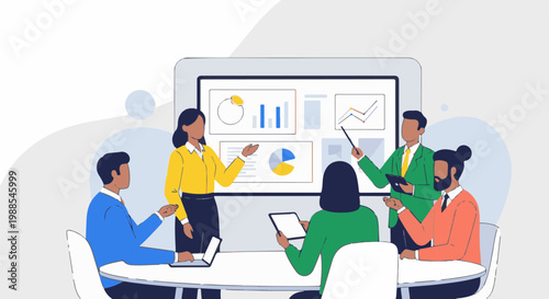 Diverse team collaborates on data charts during a business presentation meeting