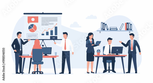 Professionals in an office setting discuss data on a projection screen and laptops