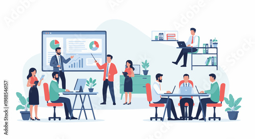 Diverse team collaborates and learns in a modern office, presenting data and working on projects