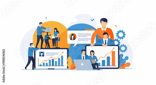 Business professionals collaborate on data analysis and project management, using laptops and charts