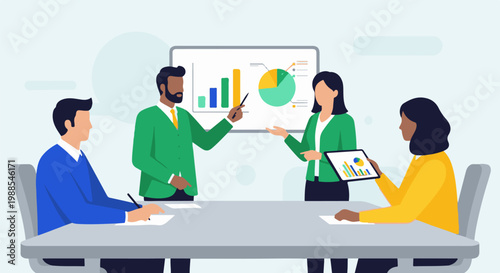 Diverse team collaborates on presentation with charts and graphs
