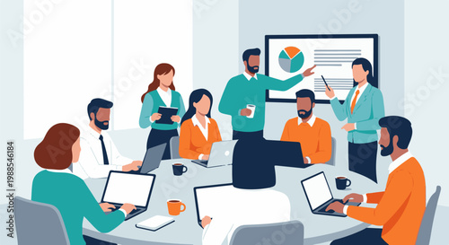 Diverse professionals collaborate around a table with laptops and presentation