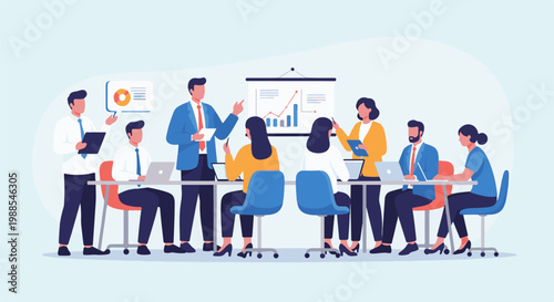 Diverse group of professionals collaborating in a modern office setting during a presentation