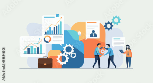 Business team collaboration with data analysis and project management elements