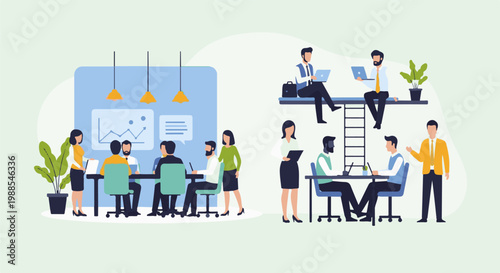 Modern office scenes with people collaborating and presenting data