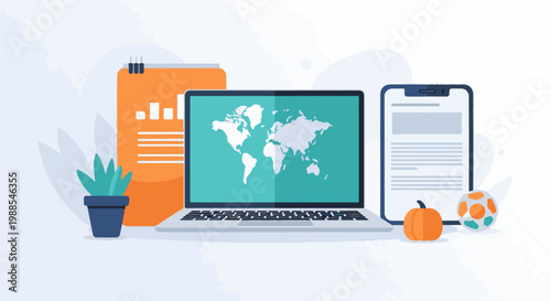 Laptop displays world map, with documents, plant, pumpkin, and soccer ball nearby
