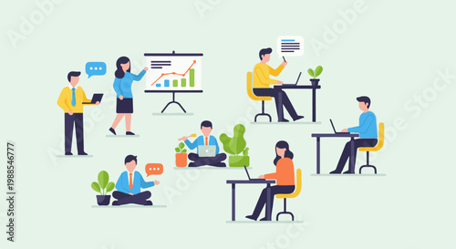 Diverse individuals collaborate and work on laptops and presentations in a modern office setting