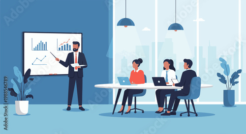 A business meeting unfolds with a presenter at a whiteboard and colleagues at a table