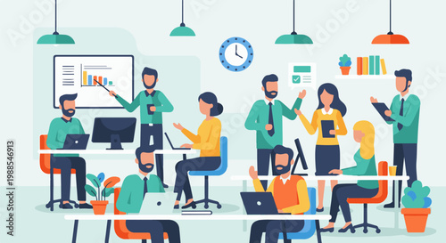 A modern office space buzzing with diverse team members collaborating on tasks and projects using technology and presentation tools