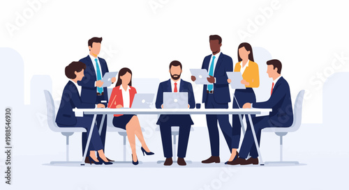 Diverse professionals collaborate around a table, engaged in work and discussion