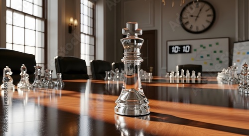 A transparent glass chess king stands prominently on a polished wooden boardroom table bathed in sunlight