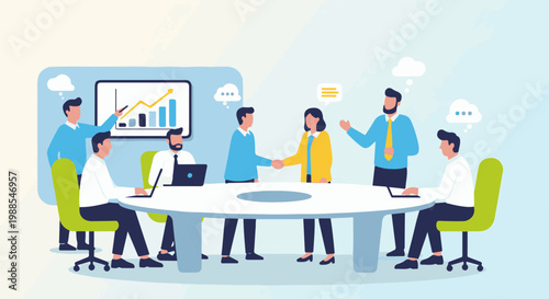 Diverse professionals in a meeting room discuss business strategy, with charts on screen and handshakes indicating agreement