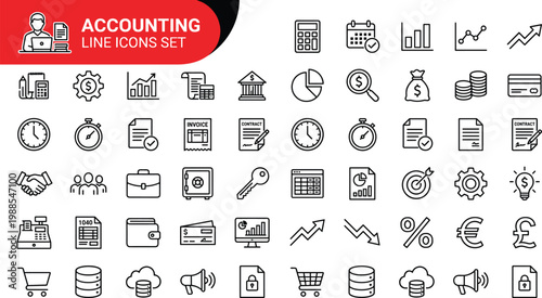 A collection of accounting line icons set in a flat design style, featuring various business and finance symbols, ideal for use in marketing materials, websites, or educational resources.