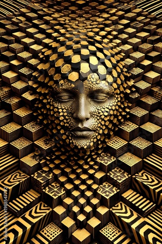 An ancient Thai temple door features a decorative golden pattern and abstract gold background with traditional religious sculpture and antique Buddhist art style