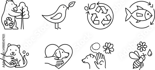 Eco-friendly animal welfare icons set, 8 linear vector symbols for sustainability and nature conservation, minimal black line art graphics for environmental protection